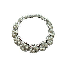 Signed Trifari Silver Tone and Faux Pearls Bracelet Long Textured Metal Links